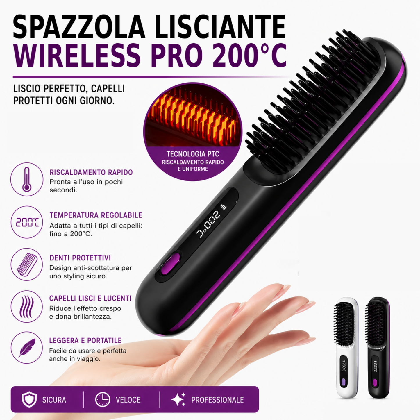 Spazzola Lisciante Wireless PRO 200°C – Capelli Perfetti Ovunque