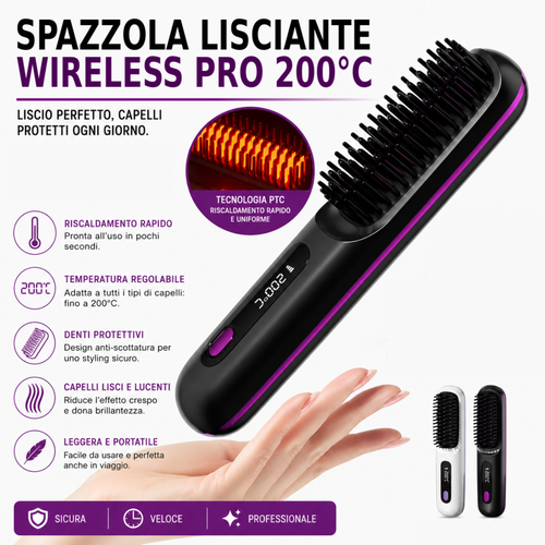Spazzola Lisciante Wireless PRO 200°C – Capelli Perfetti Ovunque